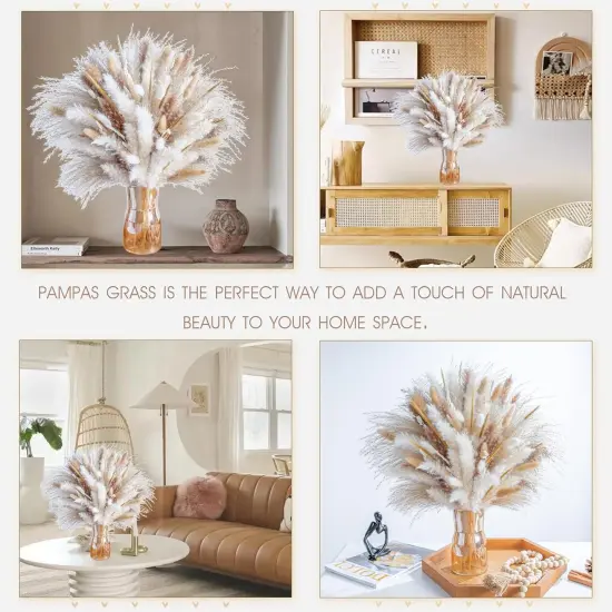 120PCS Natural Dried Pampas Grass Boho Home Decor Bouquet Phragmites Dried Flowers Bouquet for Wedding Floral Arrangements Home Decorations (120PCS) {2}