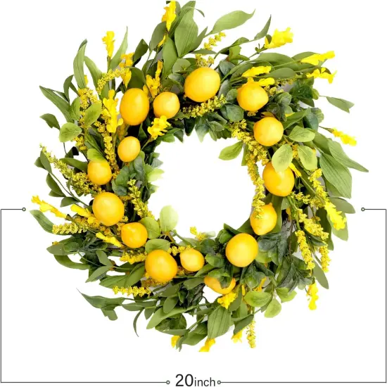 20 inch Artificial Lemon Wreath Spring Fruit Wreath with Yellow Lemon and Artificial Green Leaves for Front Door, Window and Wall Hanging Decorations, Holiday Decorations {4}