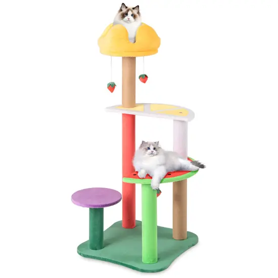 Multi-Color Plush Cat Tree with Scratching Posts and Fruit-Themed Perches {4}