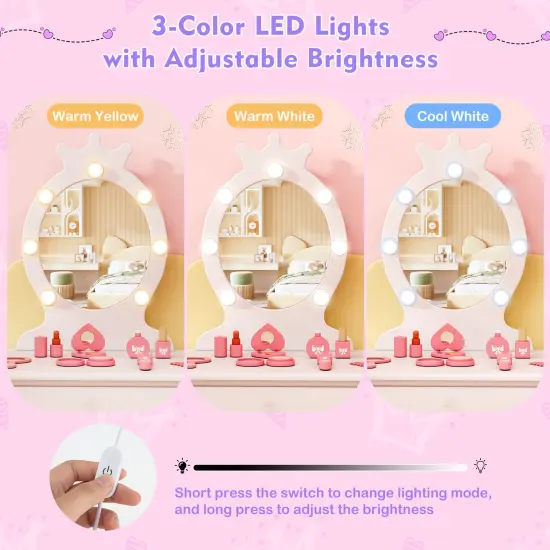 MDF and Wood Kids Vanity Set with LED Mirror, Drawer and Padded Stool White {6}