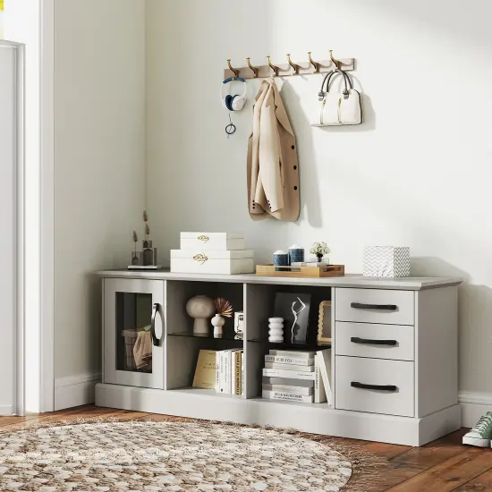 63 Inches Entertainment Center with 3 Storage Drawers and Removable Glass Shelves Gray {2}