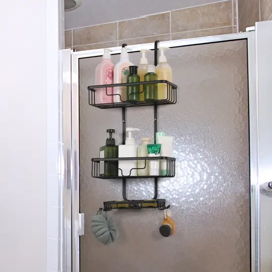 Over The Door Shower Caddy Organizer – 3-Tier Aluminum Hanging Bathroom Storage with 2 Baskets, 4 Hooks & Soap Holder, Rustproof & No Drill Installation (Black) {4}