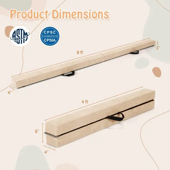 8 Feet Portable Folding Gymnastic Balance Beam with Solid Wood Base Ideal for Walkover or Cartwheel Beige {5}