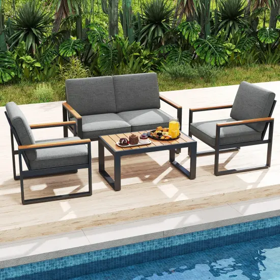 4 Piece Patio Furniture Set with Wood-Plastic Armrests and Aluminum Frame Ideal for Outdoor Use {3}