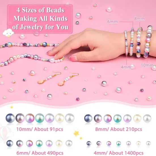 2200PCS Pearl Beads, 4/6/8/10mm Multicolor Pearl Beads Loose Pearls for Crafts with Holes for Jewelry Making, Small Pearl Filler Beads for Crafting Bracelet Necklace Earrings {4}