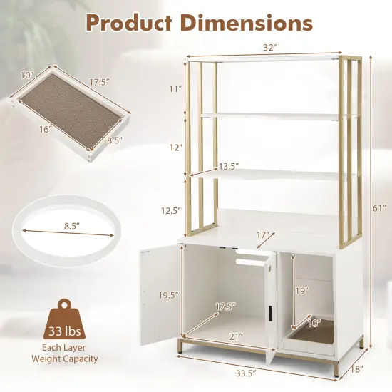 MDF Metal Cat Cabinet with Scratcher, Cat Litter Box Enclosure , Storage and Side Entry White {5}