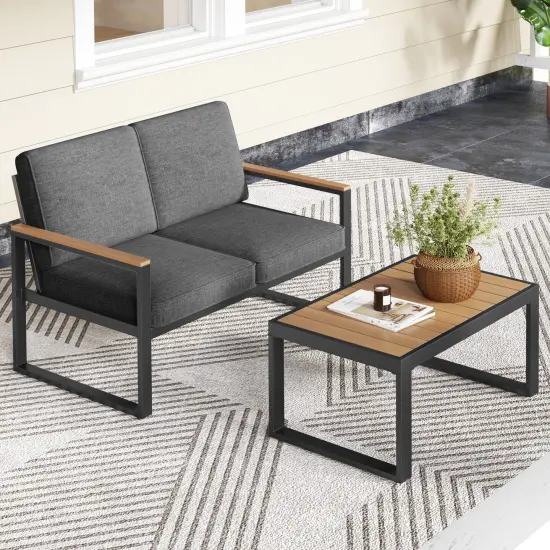 2 Piece Patio Aluminum Furniture Set with Wood-Plastic Armrests and Rectangular Coffee Table {6}