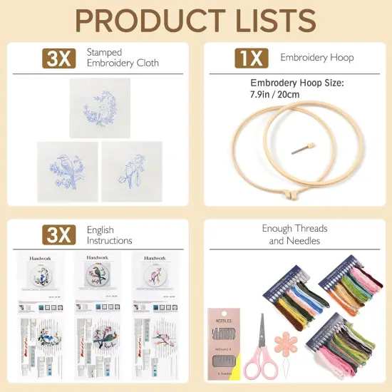 3 Sets Embroidery kit for Beginners Adults Embroidery Starter Kit with Hummingbird Flower Pattern and Instructions Stamped Cross Stitch Kits {3}