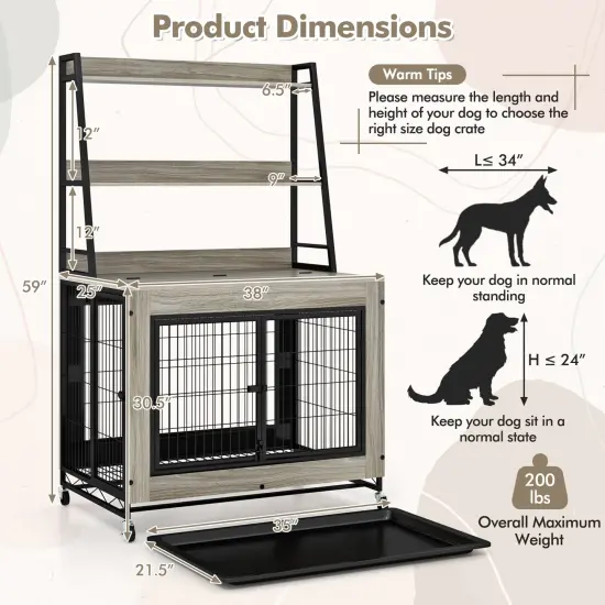 MDF Metal Dog Crate with Storage Shelves and Wheels and Flip-Top Gray {5}