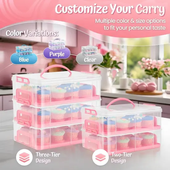 Cupcake Carrier, Cupcake Holder for 24 Cupcakes, Portable and Reusable Rectangular Cake Carrier with Lid and Handle, 2 Tier Stackable Layer Insert (Pink) {4}