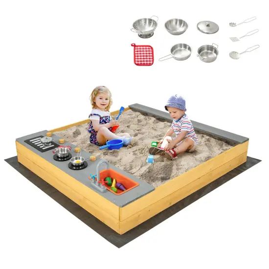 Natural Fir Wood Kids Kitchen Sandbox with Bench Outdoor Playset {4}