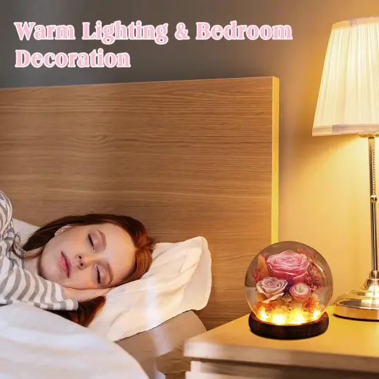 Gifts for Women Mom Grandma, Preserved Flowers Roses in Glass Dome with LED Light, Mother Day Birthday Valentine Gifts (Pink) {5}
