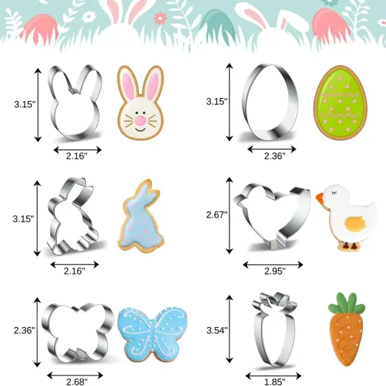 Easter Cookie Cutters Large Set of 6 - Egg, Chick, Carrot, Rabbit, Bunny Face, Butterfly Shapes - Stainless Steel Biscuit Molds for Spring Holiday Baking {3}