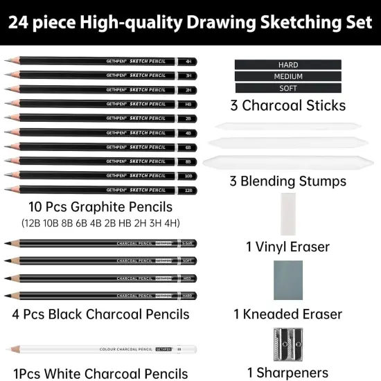 Drawing Sketching Pencil Set, 24 Piece Pro Artist Sketch Kit - Graphite Pencils (12B-4H),Charcoal Pencils for Drawing,Black and White Charcoal Pencils,Charcoal Sticks,Stumps,Eraser,Sharpeners {3}