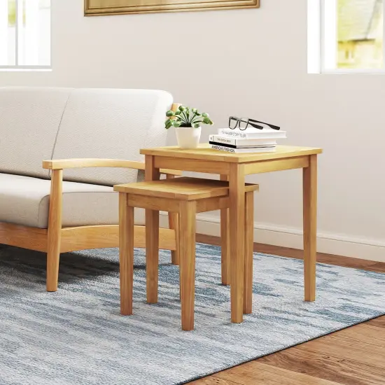 Natural Teak Wood Nesting Side Tables with Slatted Top, Space-Saving Design {3}
