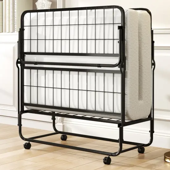 White Memory Foam Mattress Folding Bed with Black Metal Frame and Casters {5}