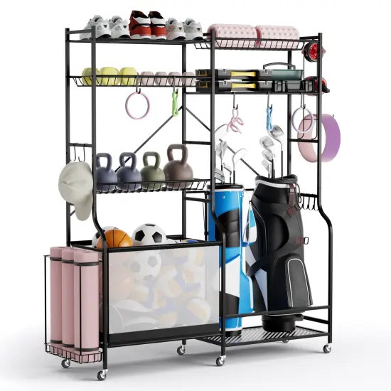 Black Sports Equipment Organizer with 5 Adjustable Storage Shelves and 5 Lockable Whhels {1}