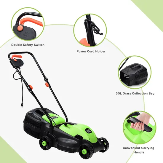 14 Inch Green Electric Push Lawn Corded Mower with 3 Level Adjustable Cutting Height {5}