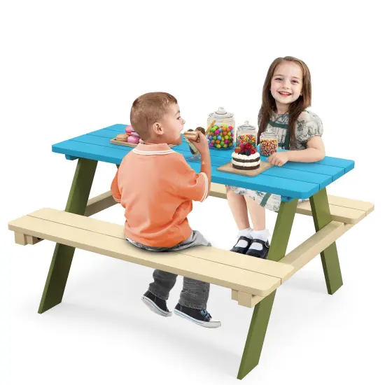 Kids Wooden Picnic Table Set with Built-in Benches and Stable Triangular Structure {4}