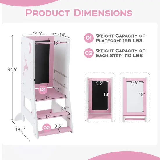 3 in 1 Multi-functional Design Kids Kitchen Standing Stool Tower with Chalkboard and Whiteboard Pink {5}