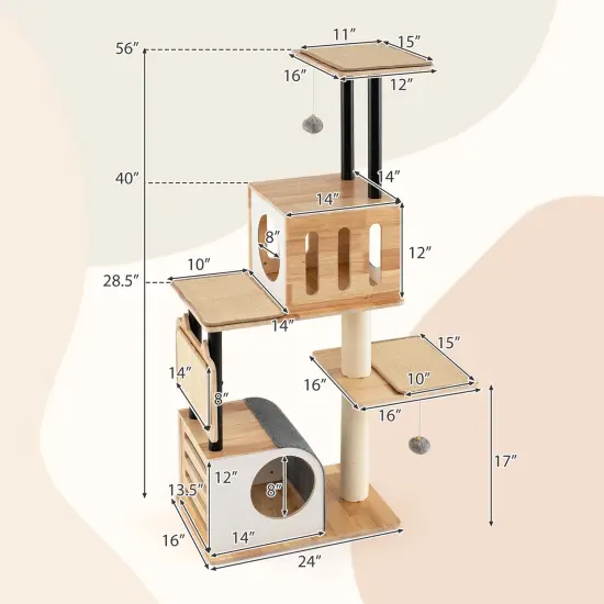 Natural Wood Cat Tree with Dual Condos, Sisal Scratchers and Pompom Toys {4}