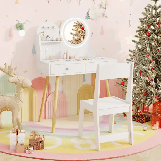 MDF and Pine Wood Kids Princess Dressing Desk with LED Mirror, Storage and Chair White {2}