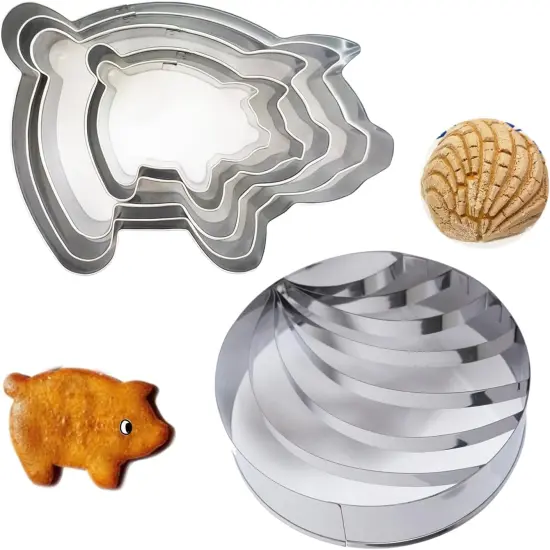 4 Inch Concha Cutter Mexican Bread Mold with 5 Sizes Piggy Cookie Cutters, Stainless Steel Molde Para Hacer Conchas De Pan, Metal Concha Shell Stamp and Pig Cookie Cutter Set {1}
