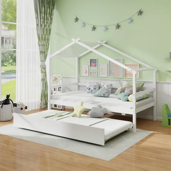 Pine Wood Twin Size House Bed with Trundle, DIY Roof, Slat Support and Safe Design White {3}
