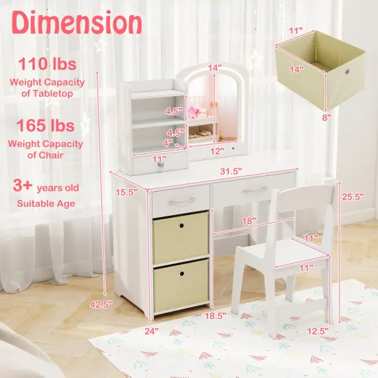 White MDF Kids Vanity Set with LED Mirror, Storage Drawers and Child-Safe Features {5}