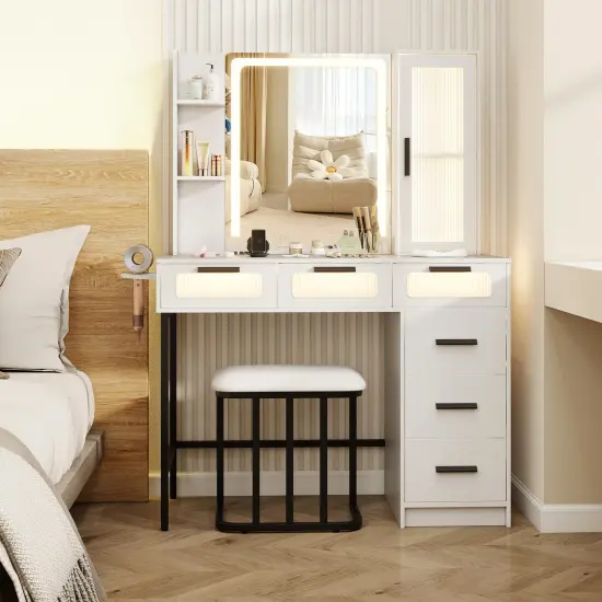 White Vanity Set with LED Sliding Mirror, Charging, & Large Storage {3}