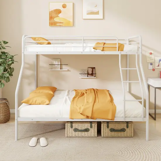 Twin Over Full Metal Bunk Bed with Guardrails, Ladder, Storage Space and Sturdy Construction White {2}