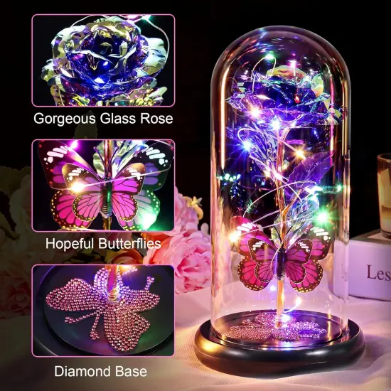 Mothers Day Flower Mom Gifts from Daughter Purple Rose Eternal Flower Light Up Rose in Glass Dome with Butterfly Birthday Gifts for Women Thanksgiving Anniversary Grandma Girlfriend Wife Gift for Her {3}