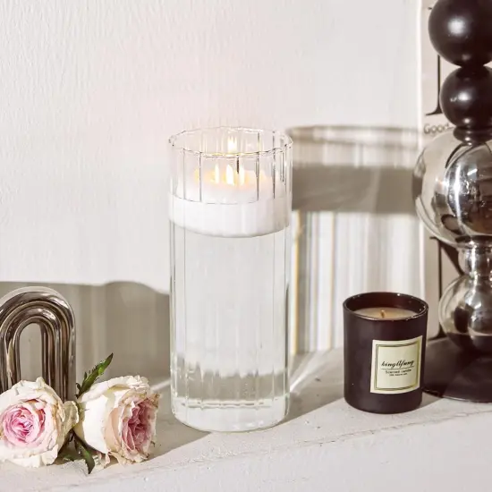 Glass Cylinder Vases, Bud Vase for Centerpieces, 8 Inch Tall Ribbed Vase Hurricane Floating Candle Holder, Decorative Flower Vases for Wedding Reception, Home Decor, Housewarming Gift (Clear) {2}