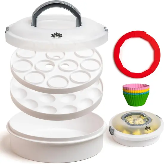 Premium 4 in 1 Cupcake Carrier with Lid - Cupcake, Deviled Egg, Pie & Cake Container - Includes Pie Crust Shield & 12 Silicone Baking Cups {1}