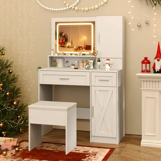 Makeup Vanity Desk with Mirror and Lights Dressing Table and Stool Set-White {2}