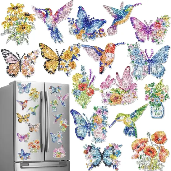 Diamond Painting Art Refrigerator Magnets - 16 PCS DIY Butterfly Hummingbird Flower Fridge Magnet Set Floral Crystal Art Craft for Women Adults Beginners Home Decors {1}