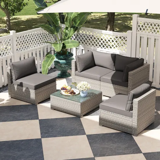 5-Piece Outdoor Patio Furniture Set Including Coffee Table and 4 Rattan Chairs with Cushions Gray {3}