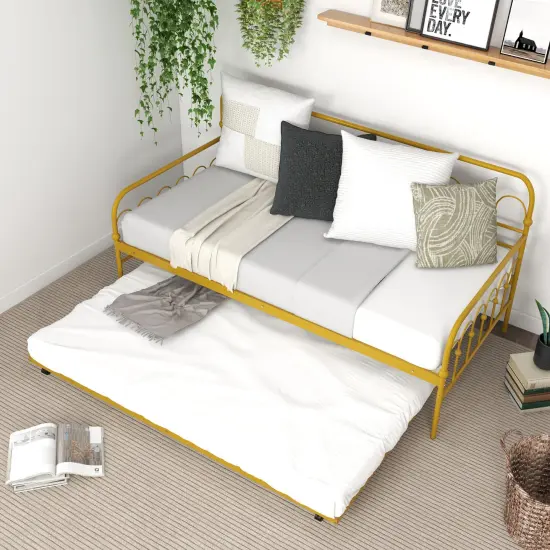 Golden Metal Daybed with Trundle, Lockable Wheels, and 330 lbs Load Capacity {6}