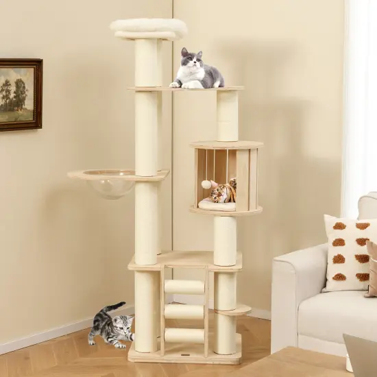 71 Inch Tall Wooden Cat Tree Tower with Soft Padded Plush Cushions Ideal for Indoor Cats {2}