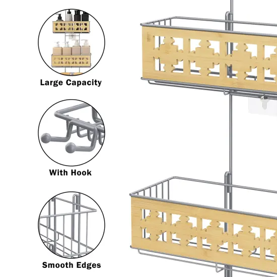 3-Tier Hanging Shower Caddy Over Shower Head &ndash; Rustproof Bathroom Organizer with Soap Holder, Bamboo Board & Hooks, No-Drill Installation (28.7"H, 40 lb Capacity) Silver {4}