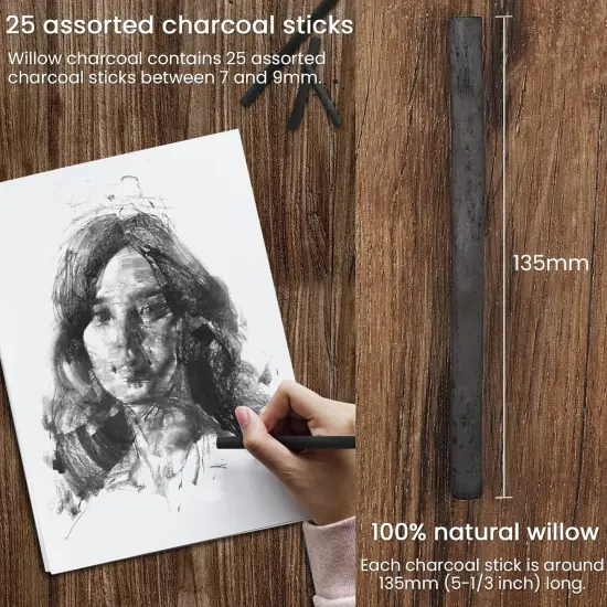 Willow Charcoal Sticks, Natural Willow Charcoal for Artists, Beginners, or Students of All Skill Levels, Great for Sketching, Drawing, and Shading, Approx 2-4mm in Diameter, Pack of 25 {2}