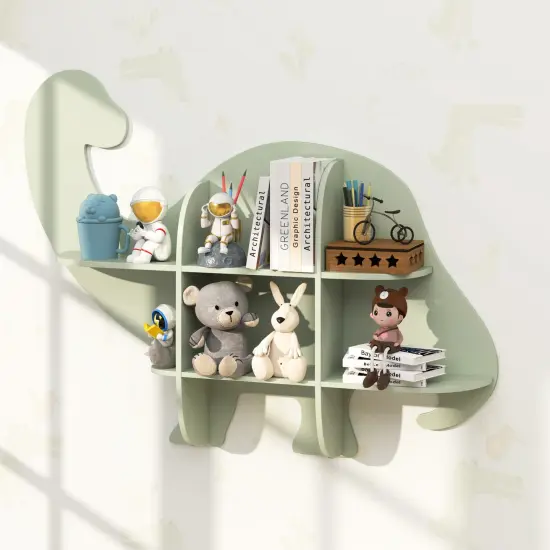 Green MDF Dinosaur Kids Bookshelf with Wall Mount, 2-Tier Storage and Safety Design {2}