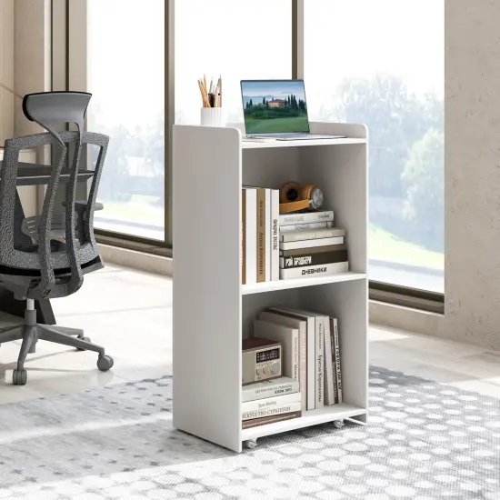 Lectern Rolling Podium Stand with 2 Storage Shelves and 4 Universal Wheels White {3}