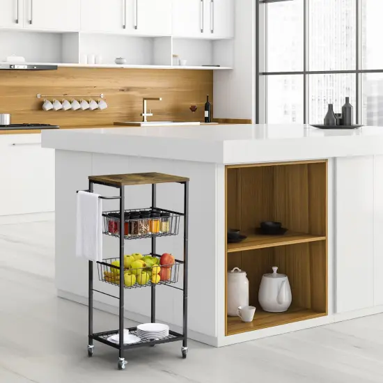 4-Tier Rolling Kitchen Organizer Cart with 2 Pull-Out Baskets & Rustic Wood Top &ndash; Industrial Metal Storage Shelf for Home, Bathroom, Laundry (80lb Capacity) {5}