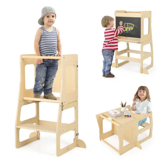 Natural Wood 3-in-1 Kids Step Stool, Chalkboard and Table Set with Safety Features {6}