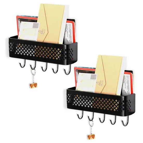 Set of 2 Wall-Mounted Entryway Organizers – Rust-Resistant Steel Key Hooks & Storage Shelf with 5 Hooks, Compact 11"x3"x3" Design for Mail, Keys, Essentials {3}