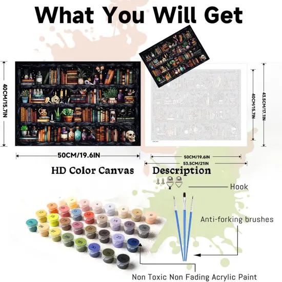 Bookshelf Paint by Numbers for Adults - Gothic Themed Adult Paint by Number Kits with Brushes Acrylic Paints, Relaxing Stress Relief Hobby for Beginners, Teens, Artists, 16"x20" Canvas {3}
