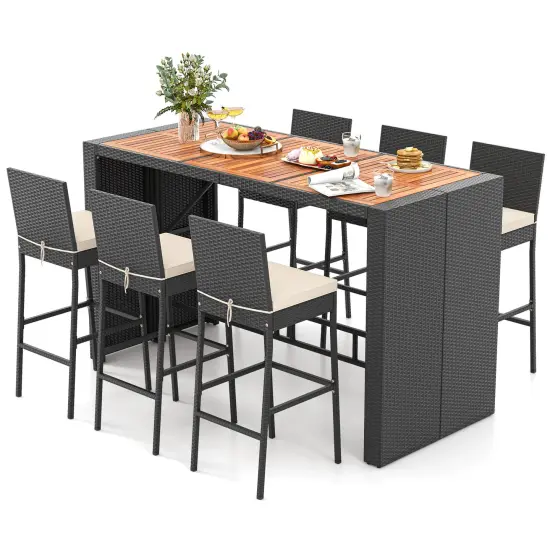7 Pieces Acacia Wood Patio Rattan Bar Set with Comfortable Footrest and Backrest {4}