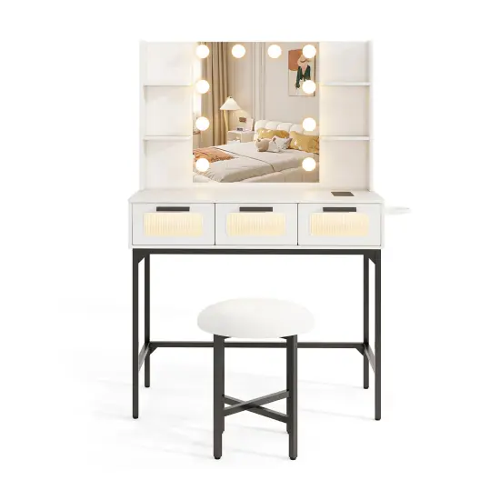 White Vanity Set with 3-Color LED Mirror, Charging Station & Storage {1}