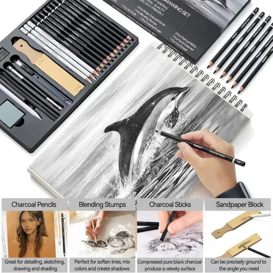 Charcoal Pencils Drawing Set, 24 Piece Black & White Charcoal Pencils for Drawing, Sketching, Shading, Blending, Artist Pencils for Kid, Beginners & Pro Artists {4}